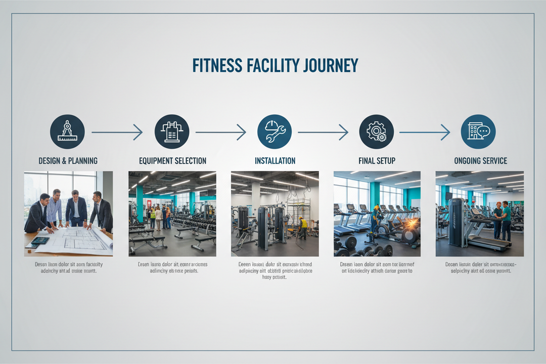 an image depicting concept to completion for a fitness facility from design and planning, to choosing equipment, installation, and ongoing service