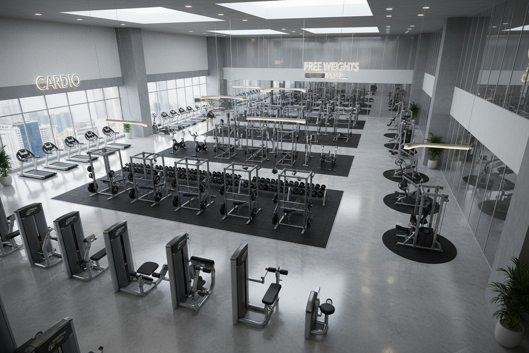 an image showing a 3D rendering of a large fitness facility that shows equipment from above in a professional way