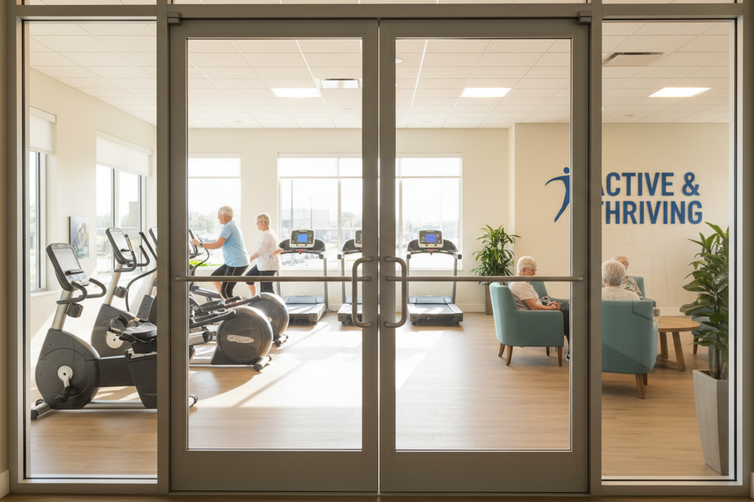create another active aging community fitness center looking in through double glass doors
