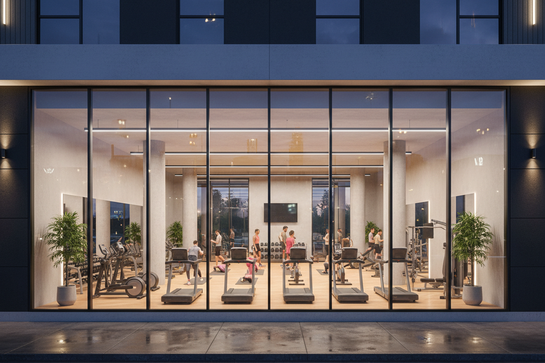 image of an apartment complex workout room looking in from the outside