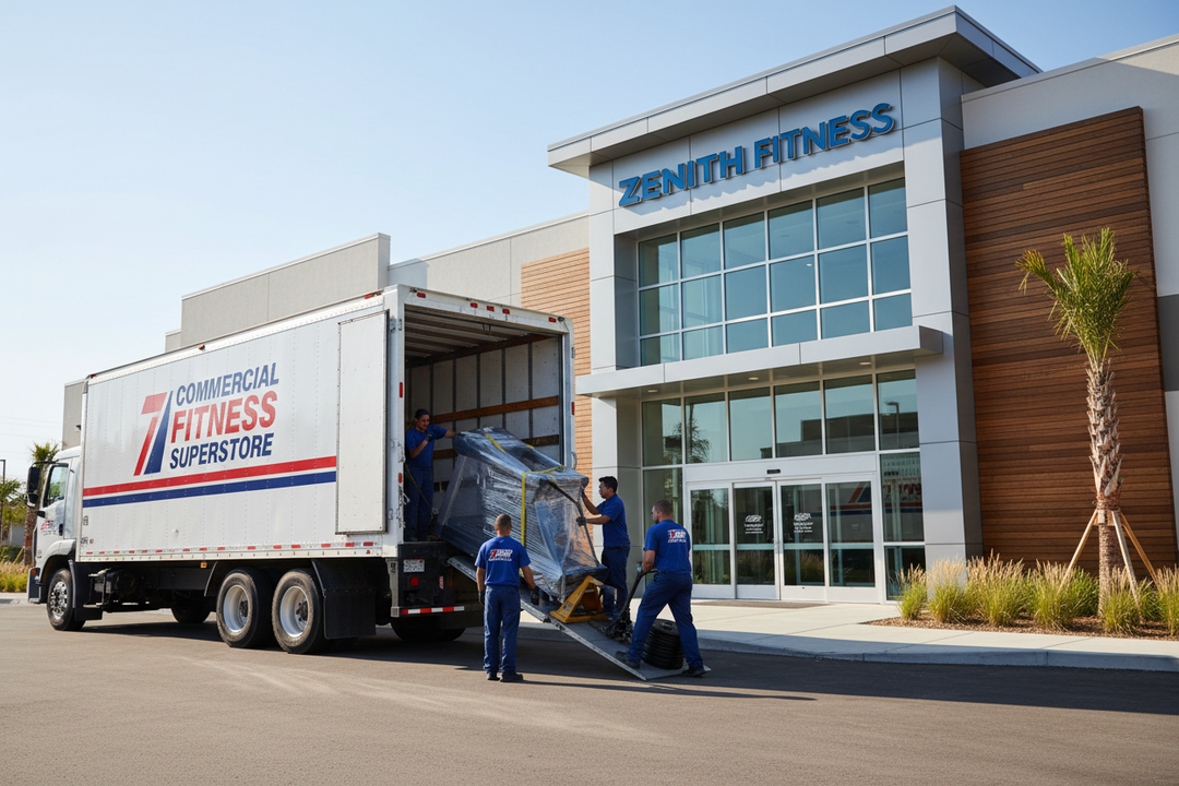 lets start over. A large delivery truck with professional installers carefully unloading fitness equipment to deliver in front of the health club. Thename on the side of the truck is Commercial Fitness Superstore in red font.