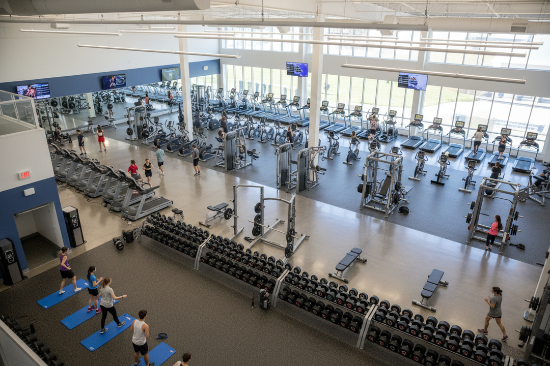OVERHEAD ANGLED IMAGE OF A COLLEGE FITNESS CENTER